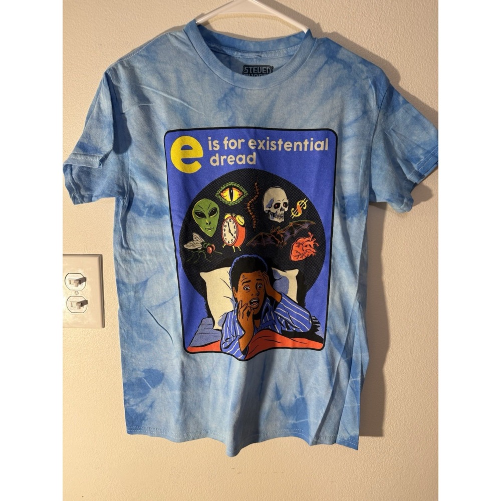 Steven Rhodes E is for Existential Dread T-Shirt Unisex Size S Tie Dye Blue NWOT